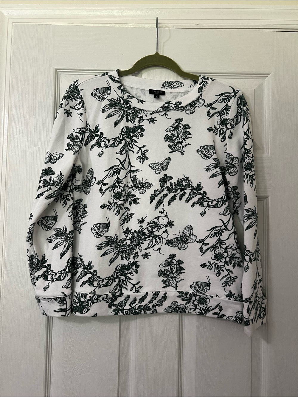 Talbots Petites PM White/Green Floral Butterfly Terry Pullover Crew Sweatshirt